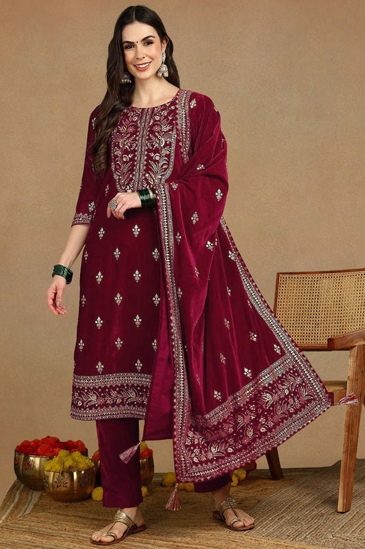 Red Velvet Ethnic Motifs Printed Straight Suit Set PKSKD2767