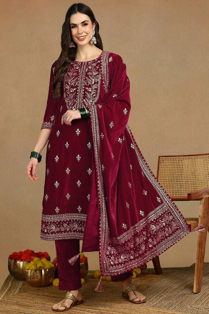 Red Velvet Ethnic Motifs Printed Straight Suit Set PKSKD2767