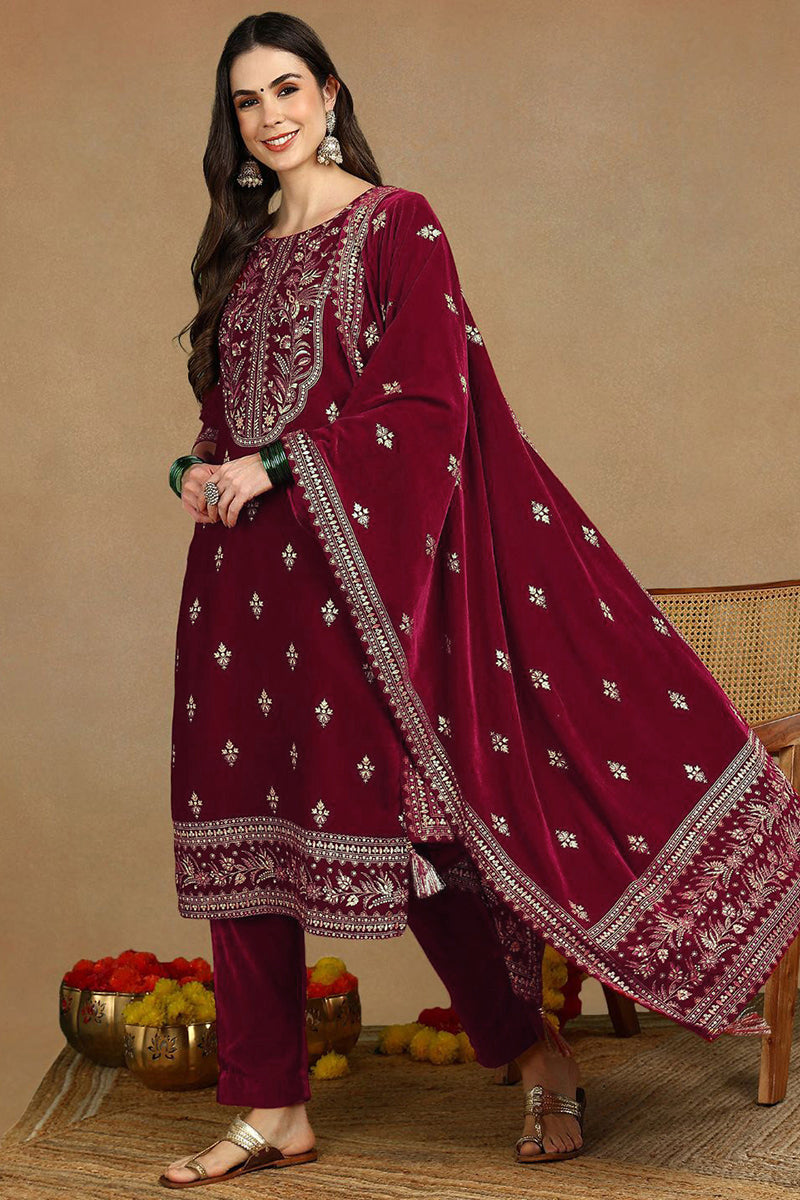 Red Velvet Ethnic Motifs Printed Straight Suit Set PKSKD2767
