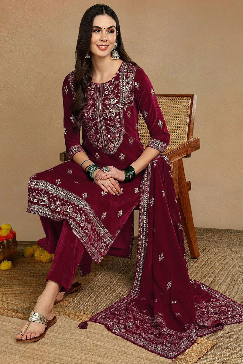 Red Velvet Ethnic Motifs Printed Straight Suit Set PKSKD2767