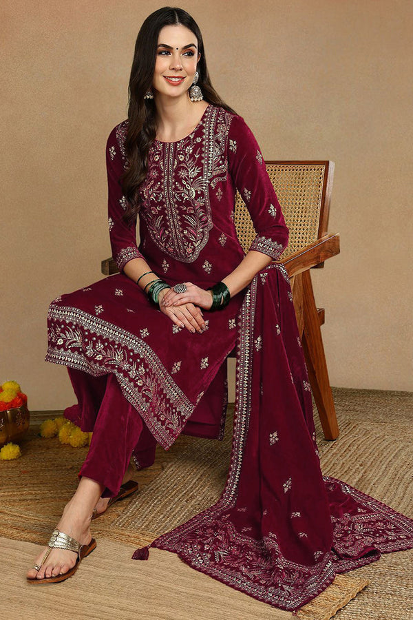 Red Velvet Ethnic Motifs Printed Straight Suit Set PKSKD2767