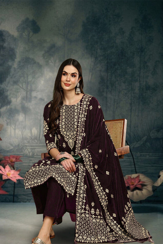 Purple Velvet Ethnic Motifs Printed Straight Suit Sets PKSKD2769