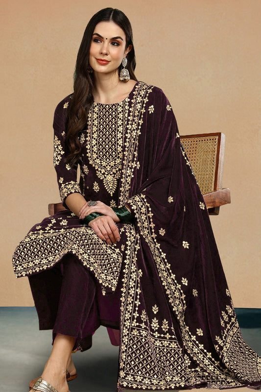 Purple Velvet Ethnic Motifs Printed Straight Suit Sets PKSKD2769