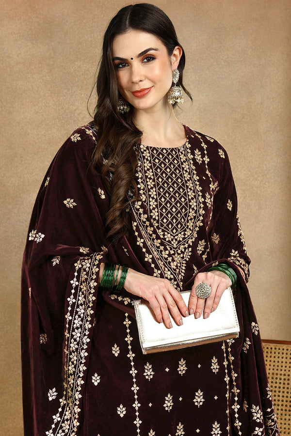Purple Velvet Ethnic Motifs Printed Straight Suit Sets PKSKD2769