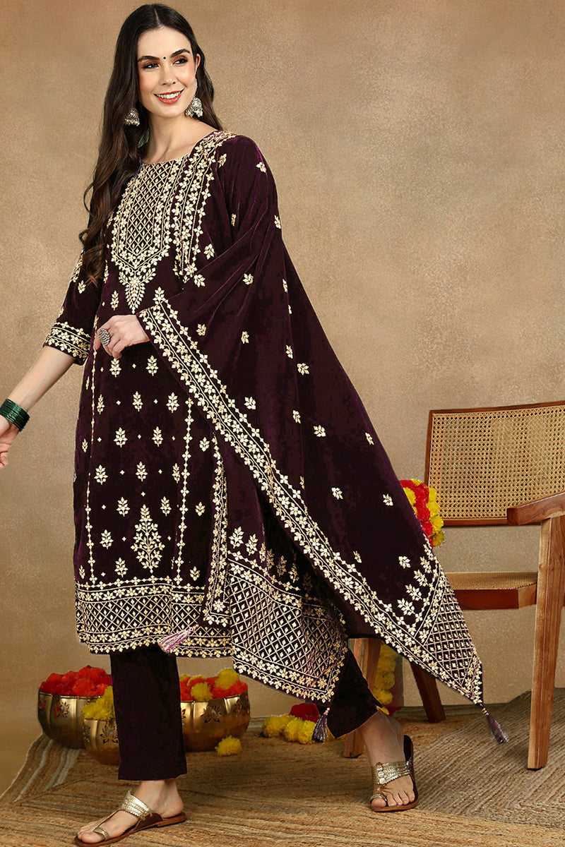 Purple Velvet Ethnic Motifs Printed Straight Suit Sets PKSKD2769