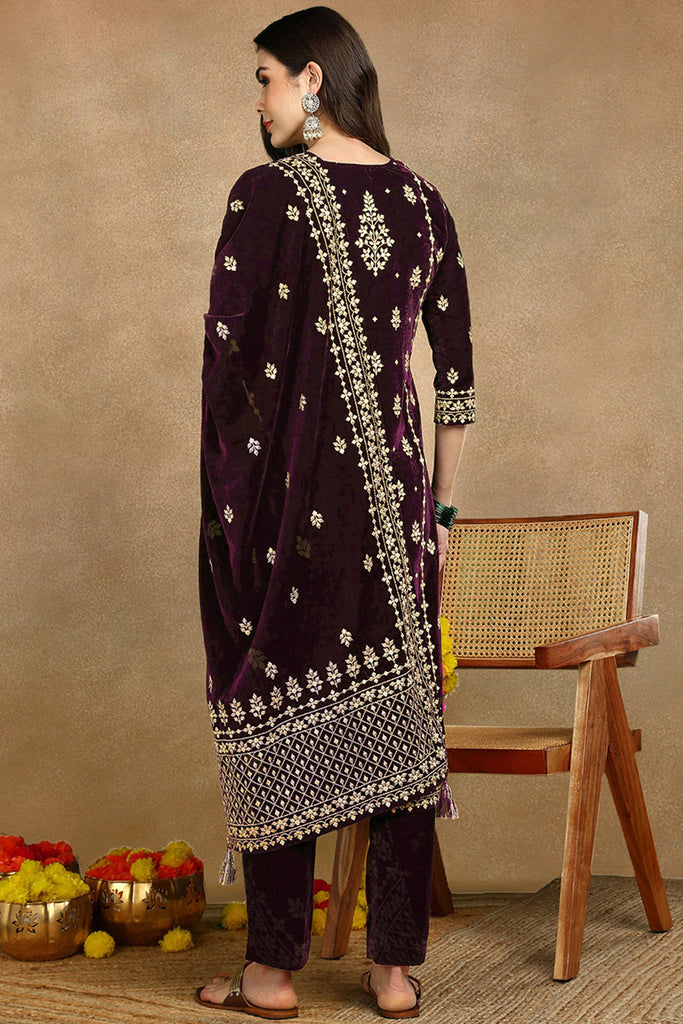 Purple Velvet Ethnic Motifs Printed Straight Suit Sets PKSKD2769