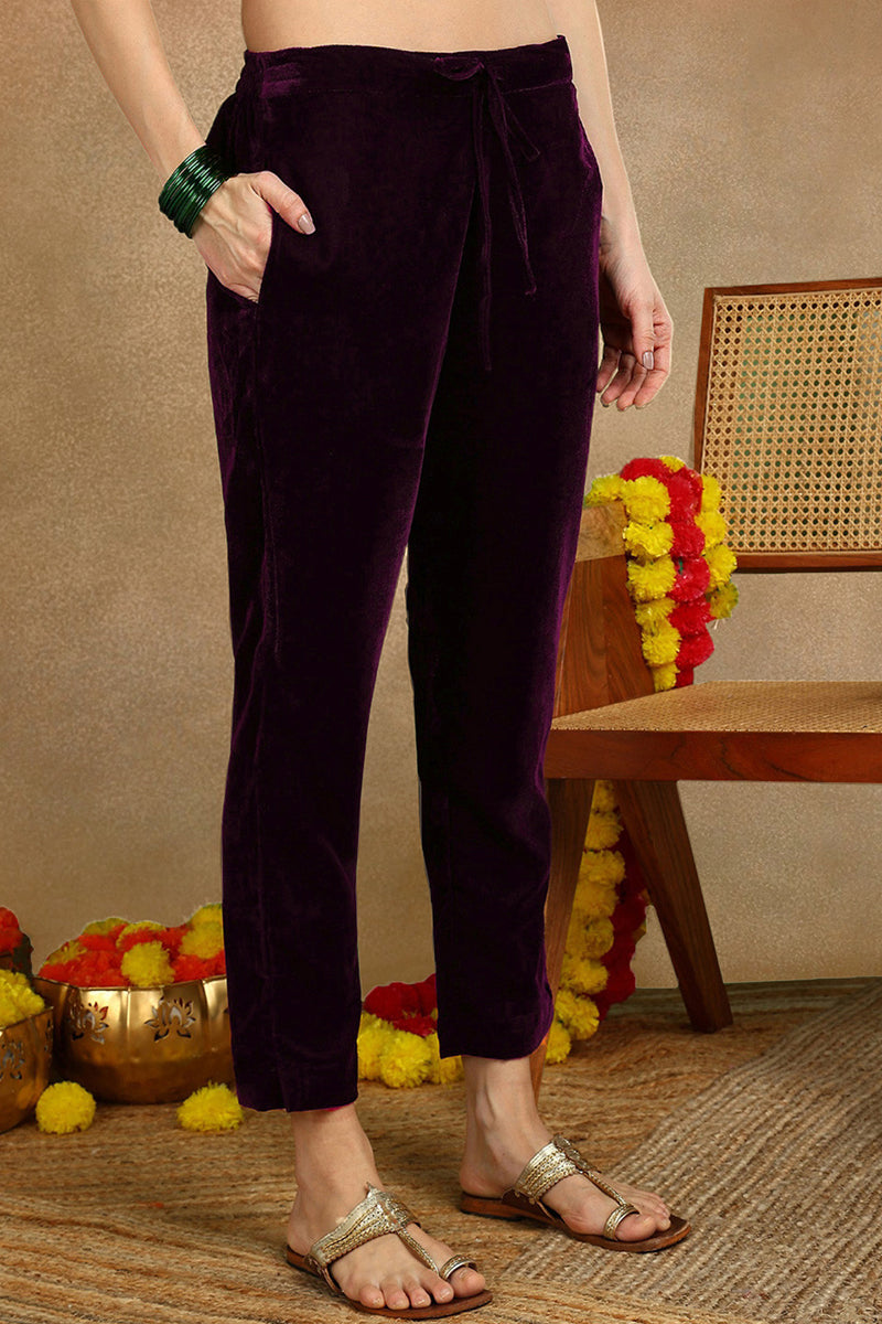 Purple Velvet Ethnic Motifs Printed Straight Suit Sets PKSKD2769
