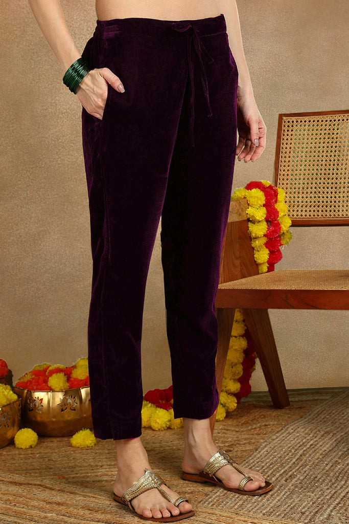 Purple Velvet Ethnic Motifs Printed Straight Suit Sets PKSKD2769