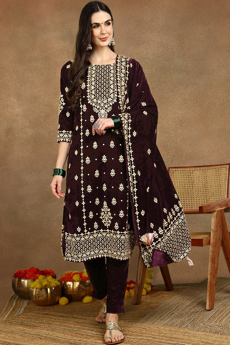 Purple Velvet Ethnic Motifs Printed Straight Suit Sets PKSKD2769