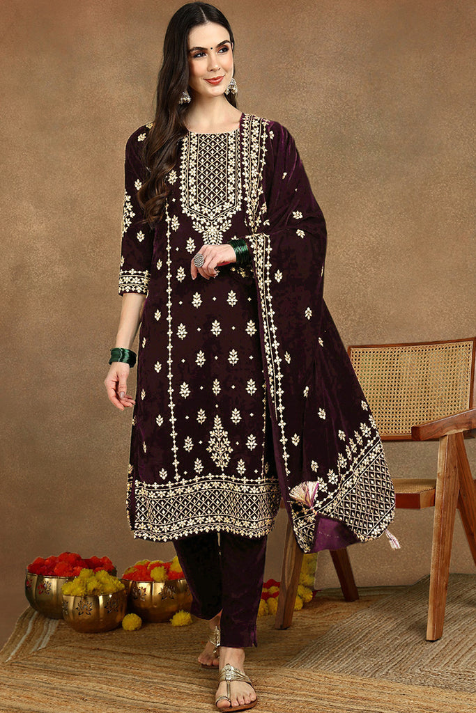 Purple Velvet Ethnic Motifs Printed Straight Suit Sets PKSKD2769