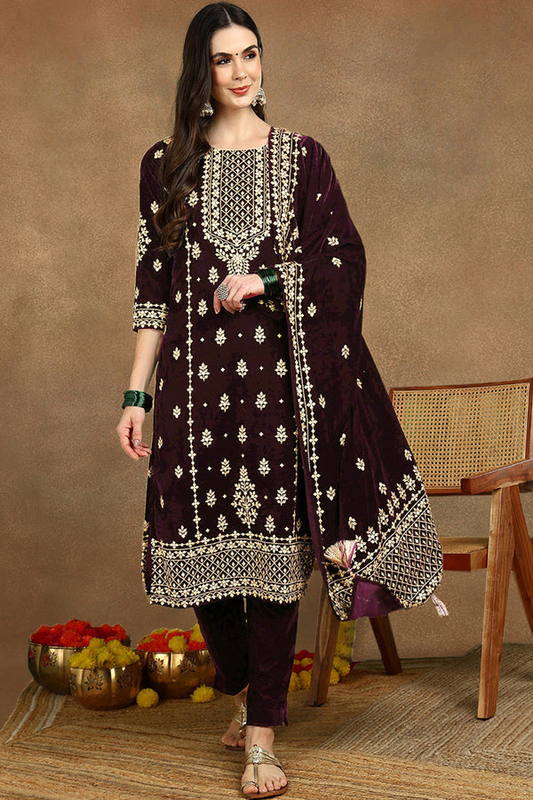 Purple Velvet Ethnic Motifs Printed Straight Suit Sets PKSKD2769