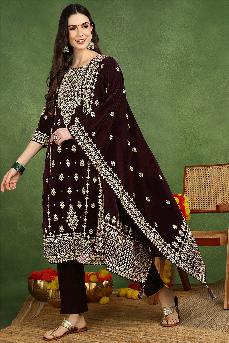 Purple Velvet Ethnic Motifs Printed Straight Suit Sets PKSKD2769