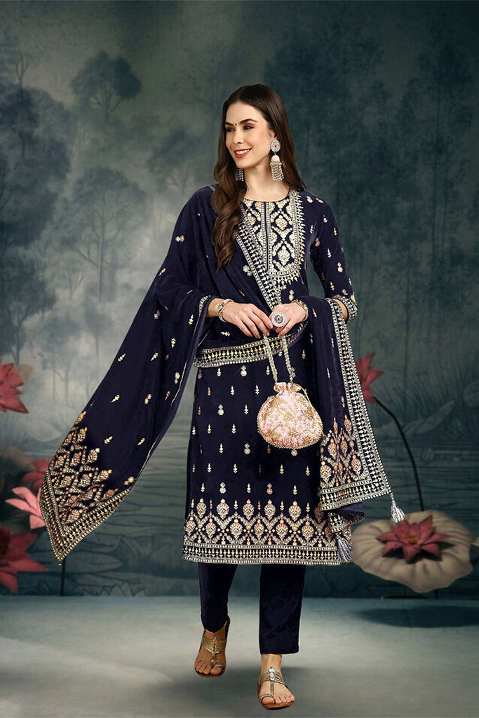 Navy Blue Velvet Ethnic Motifs Printed Straight Suit Set PKSKD2771