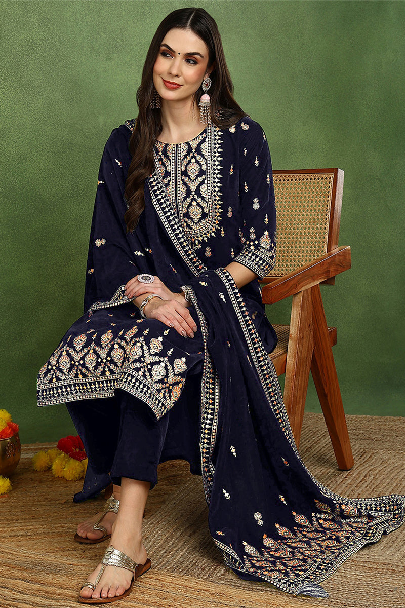 Navy Blue Velvet Ethnic Motifs Printed Straight Suit Set PKSKD2771