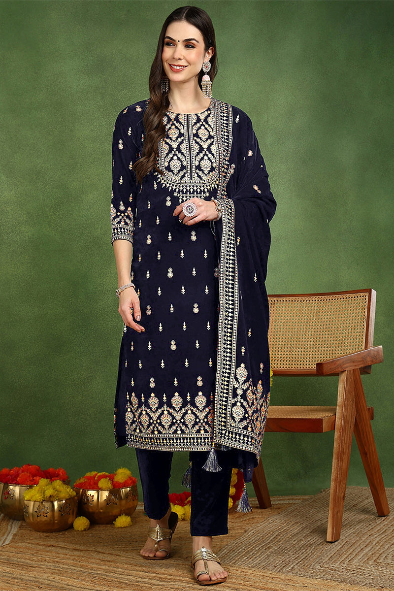 Navy Blue Velvet Ethnic Motifs Printed Straight Suit Set PKSKD2771