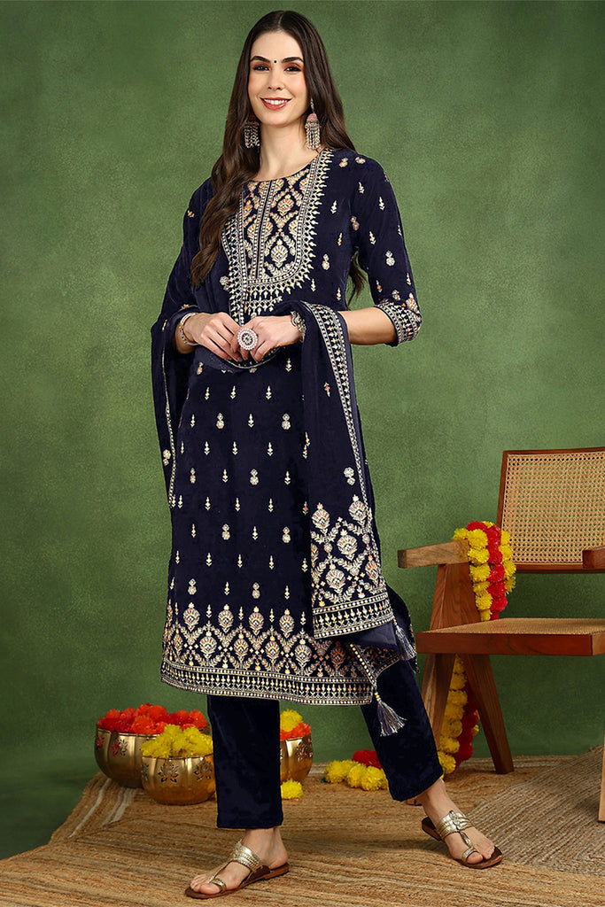 Navy Blue Velvet Ethnic Motifs Printed Straight Suit Set PKSKD2771