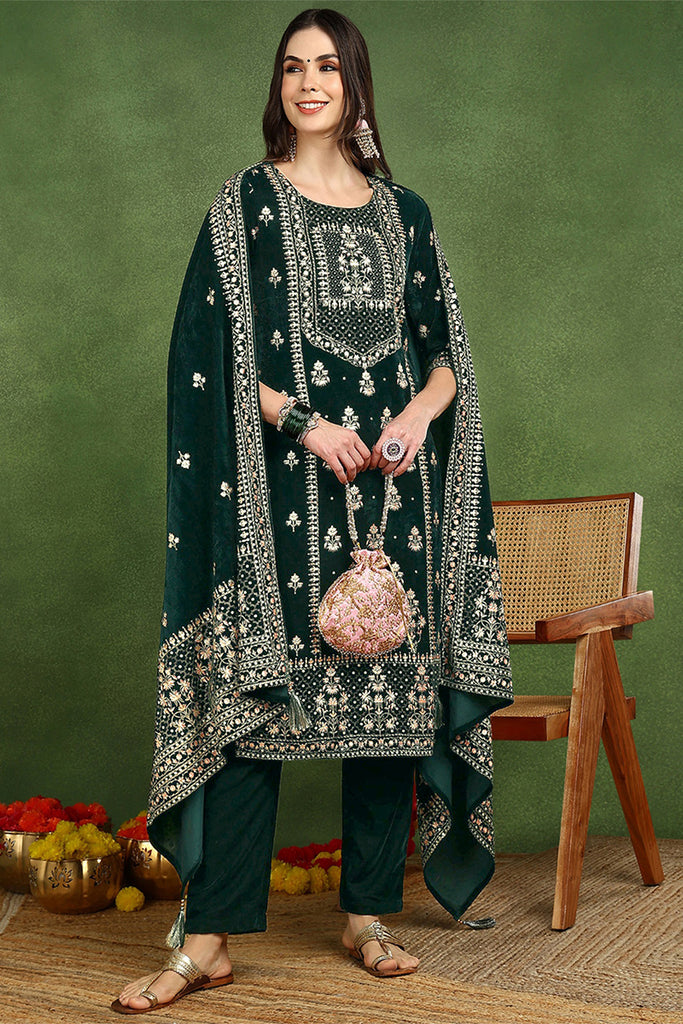 Green Velvet Ethnic Motifs Printed Straight Suit Set PKSKD2772