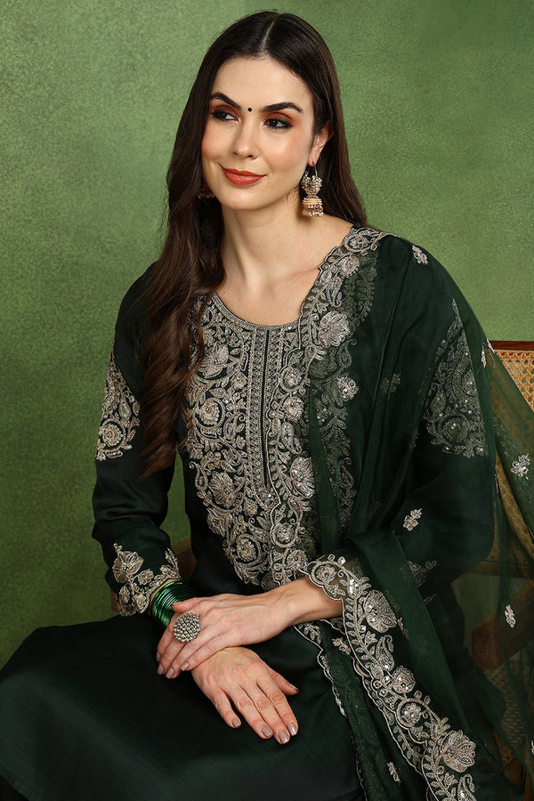 Green Silk Blend Solid Embroidered Straight Suit Set PKSKD2773