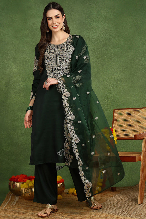 Green Silk Blend Solid Embroidered Straight Suit Set PKSKD2773
