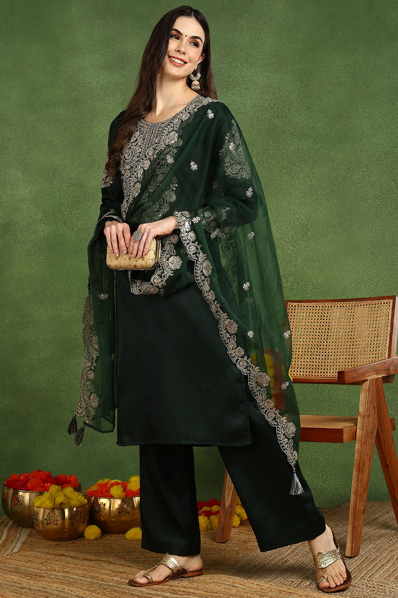 Green Silk Blend Solid Embroidered Straight Suit Set PKSKD2773