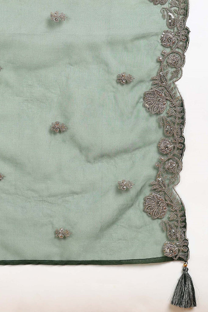 Green Silk Blend Solid Embroidered Straight Suit Set PKSKD2773