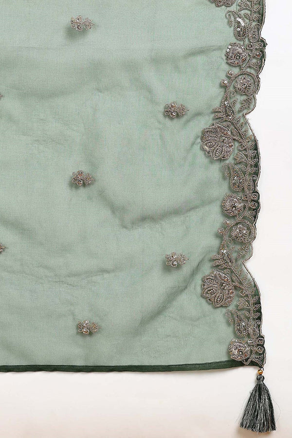 Green Silk Blend Solid Embroidered Straight Suit Set PKSKD2773