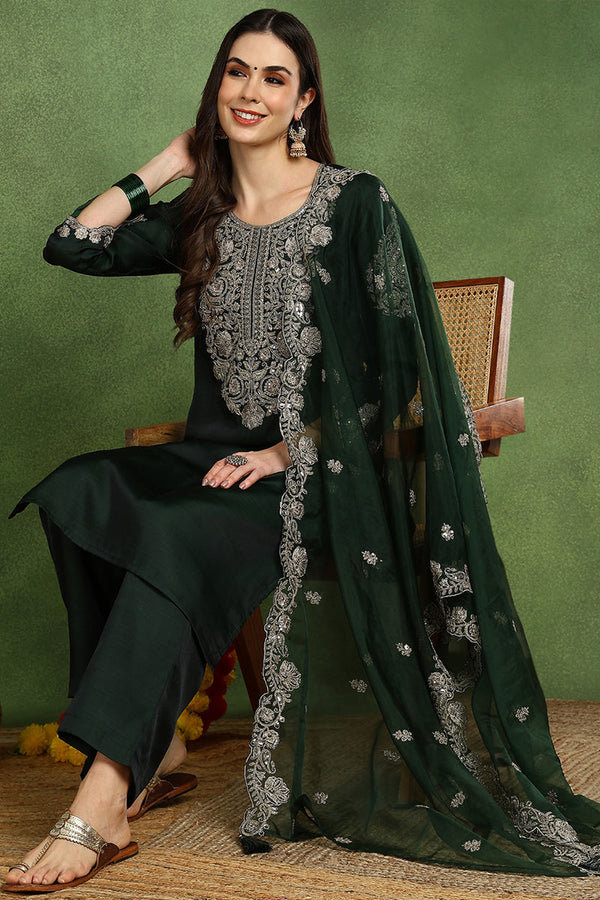 Green Silk Blend Solid Embroidered Straight Suit Set PKSKD2773
