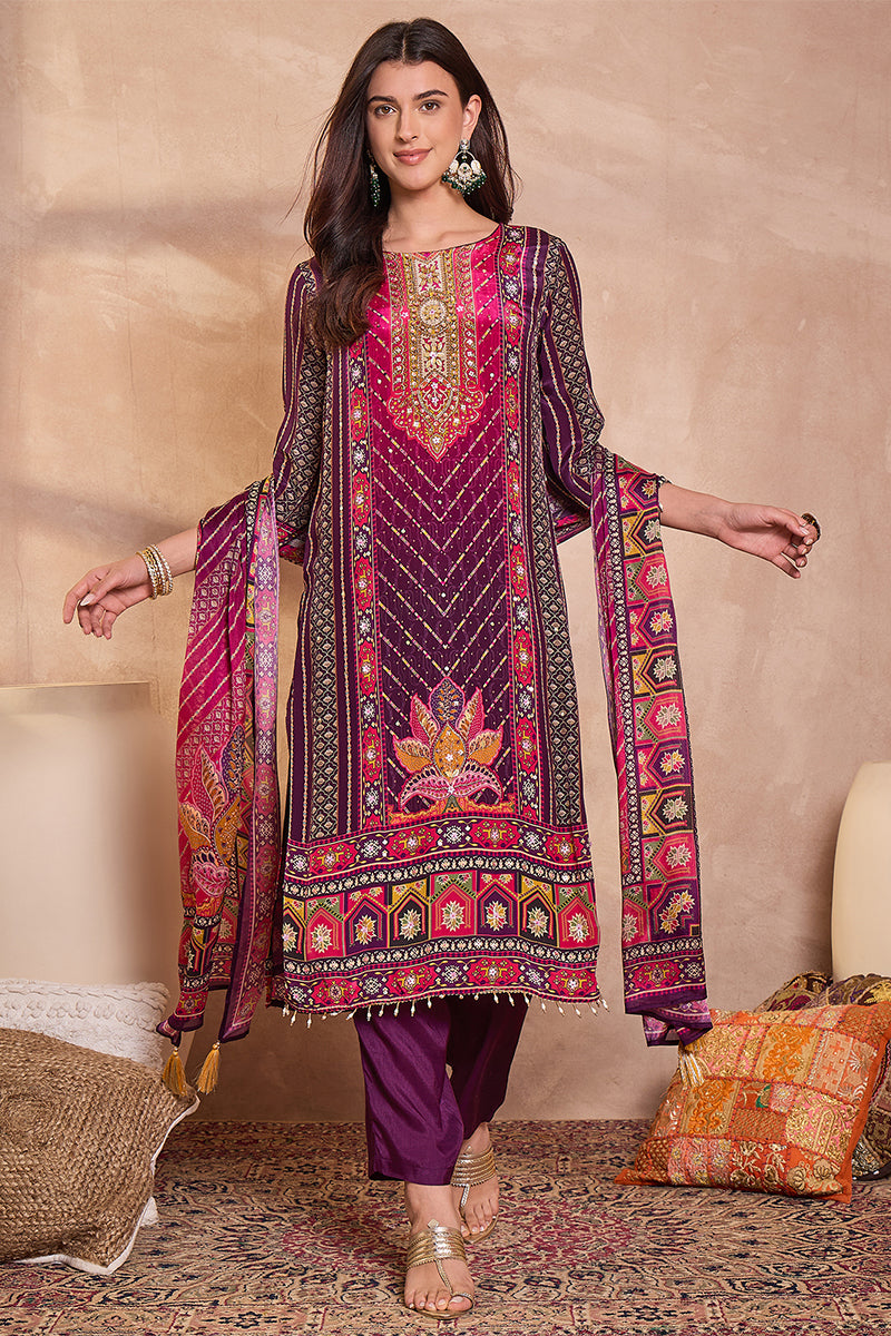 Purple Viscose Ethnic Motifs Embroidered Straight Kurta Trousers With Dupatta PKSKD2790