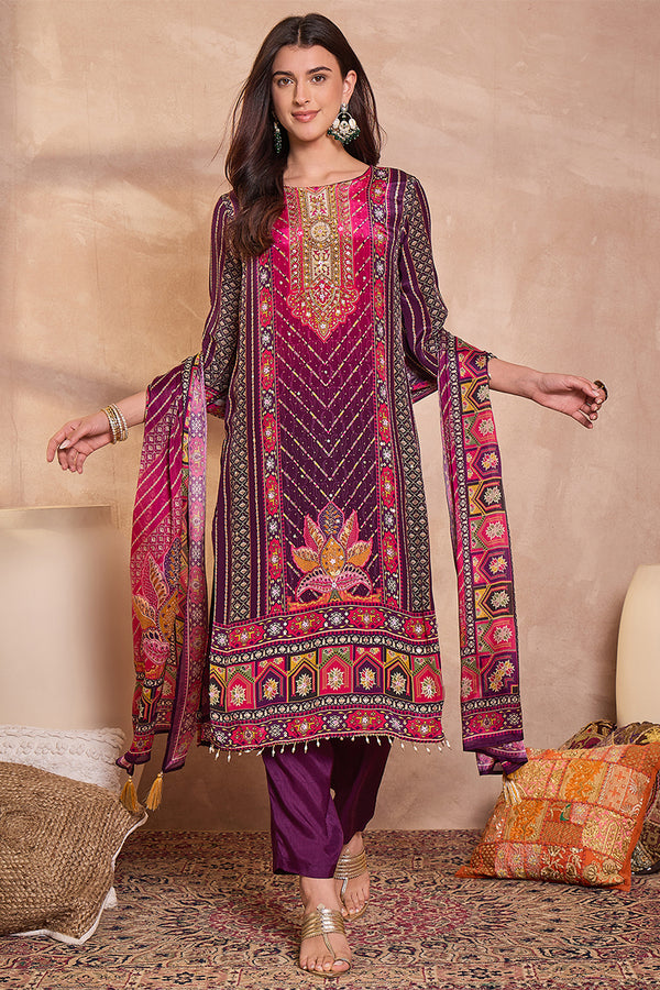 Purple Viscose Ethnic Motifs Embroidered Straight Kurta Trousers With Dupatta PKSKD2790