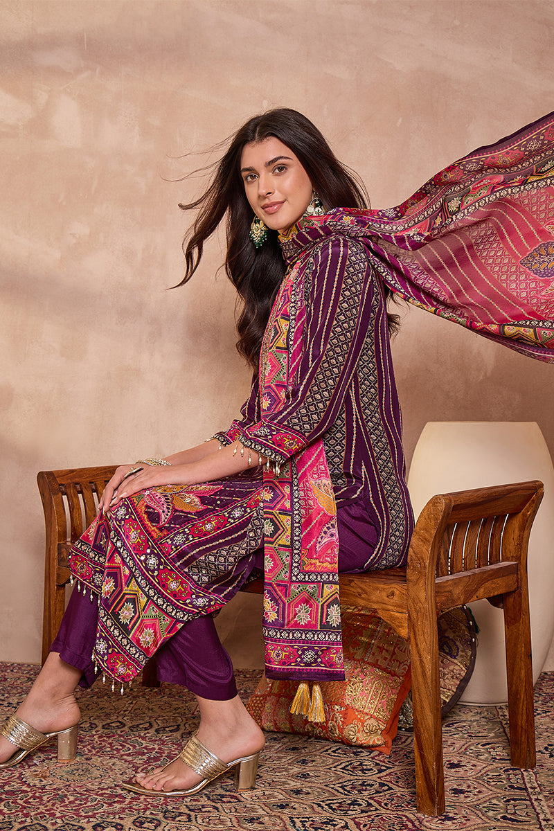 Purple Viscose Ethnic Motifs Embroidered Straight Kurta Trousers With Dupatta PKSKD2790
