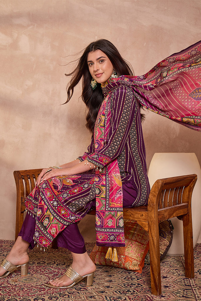 Purple Viscose Ethnic Motifs Embroidered Straight Kurta Trousers With Dupatta PKSKD2790