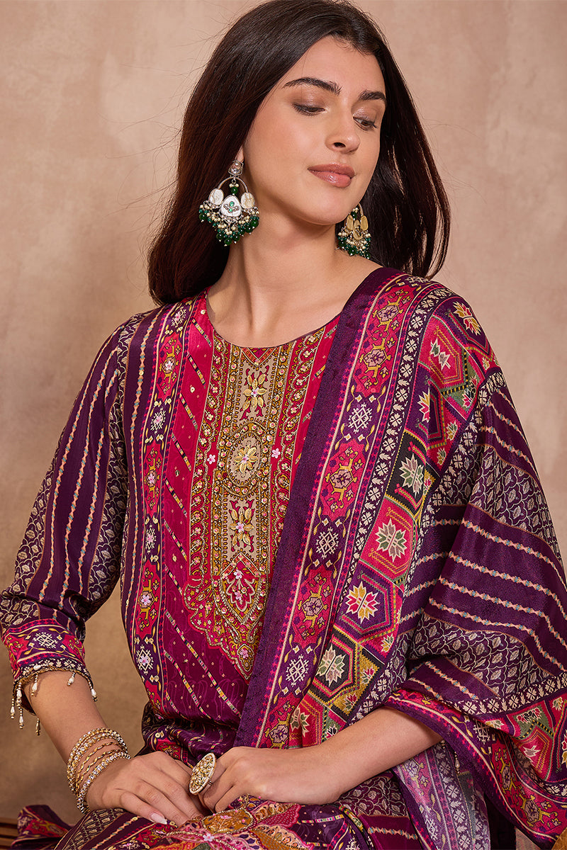 Purple Viscose Ethnic Motifs Embroidered Straight Kurta Trousers With Dupatta PKSKD2790