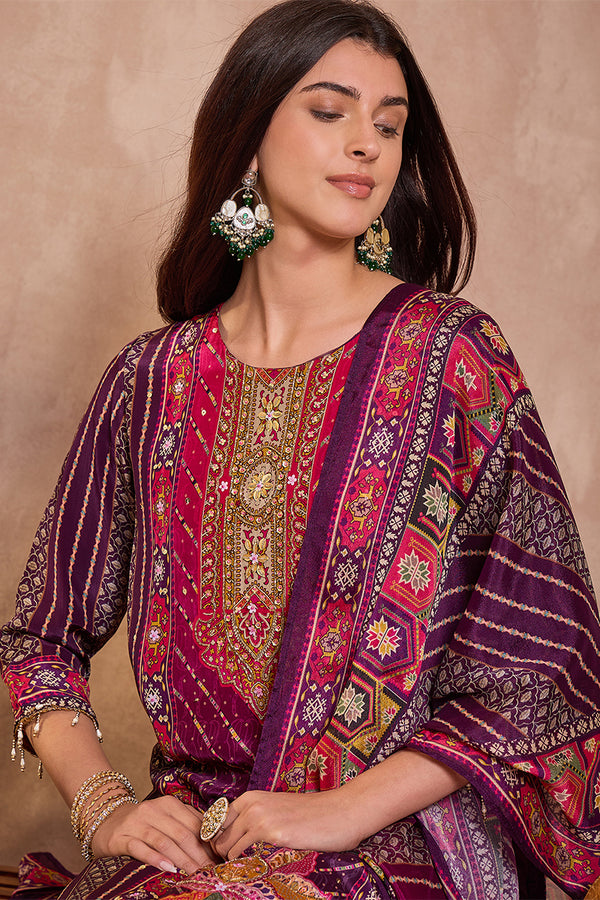 Purple Viscose Ethnic Motifs Embroidered Straight Kurta Trousers With Dupatta PKSKD2790