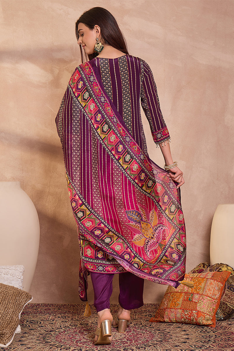 Purple Viscose Ethnic Motifs Embroidered Straight Kurta Trousers With Dupatta PKSKD2790