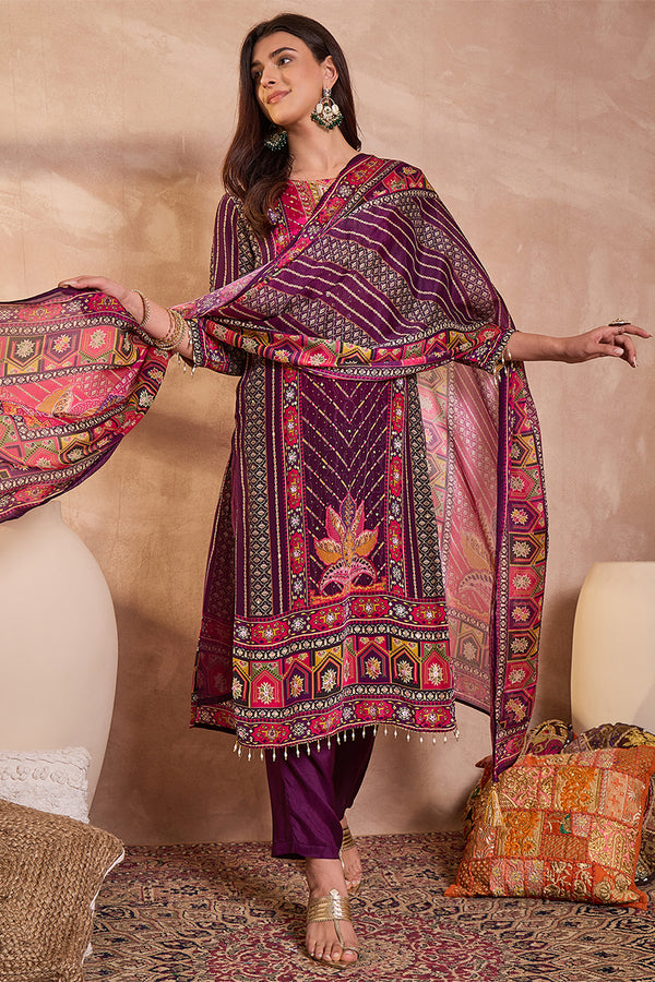 Purple Viscose Ethnic Motifs Embroidered Straight Kurta Trousers With Dupatta PKSKD2790