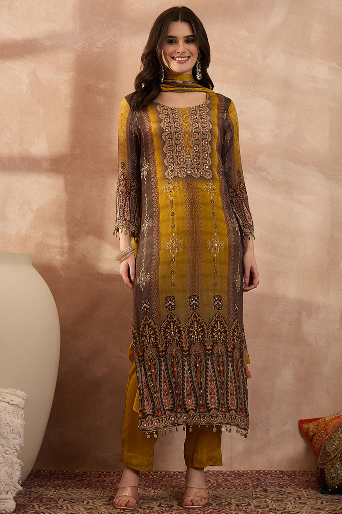 Mustard Viscose Rayon Solid Embroidered Straight Kurta Trousers With Dupatta PKSKD2795