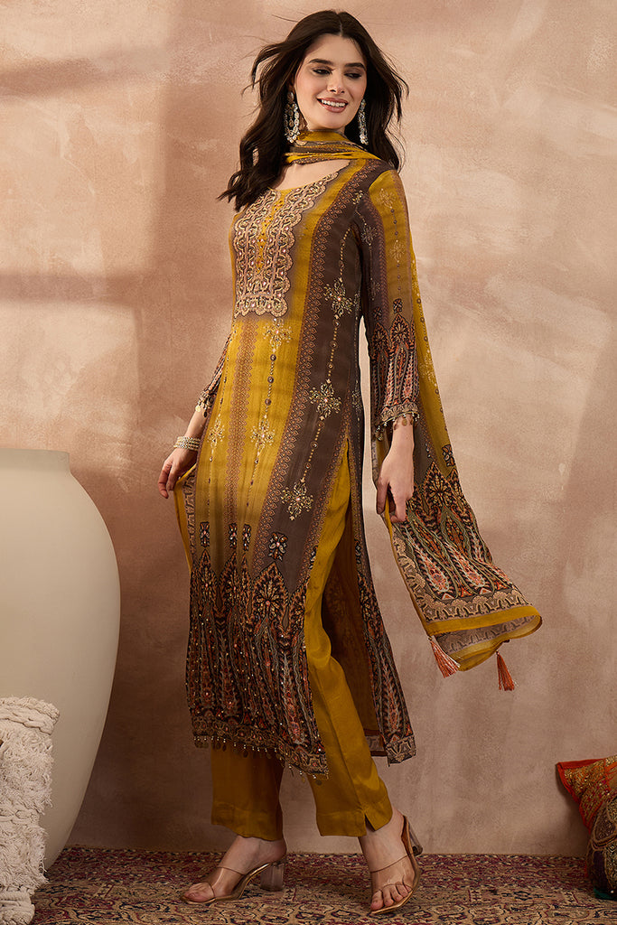 Mustard Viscose Rayon Solid Embroidered Straight Kurta Trousers With Dupatta PKSKD2795