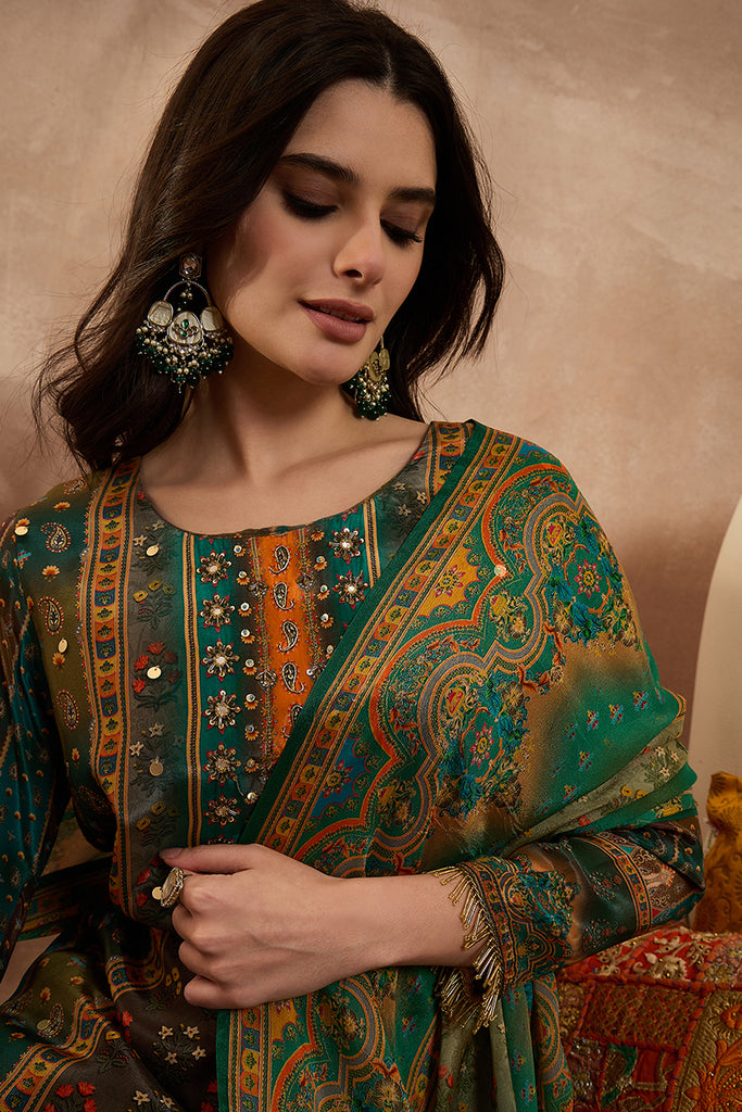 Green Viscose Rayon Solid Embroidered Straight Kurta Trousers With Dupatta PKSKD2801