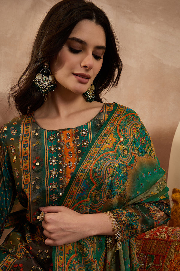 Green Viscose Rayon Solid Embroidered Straight Kurta Trousers With Dupatta PKSKD2801