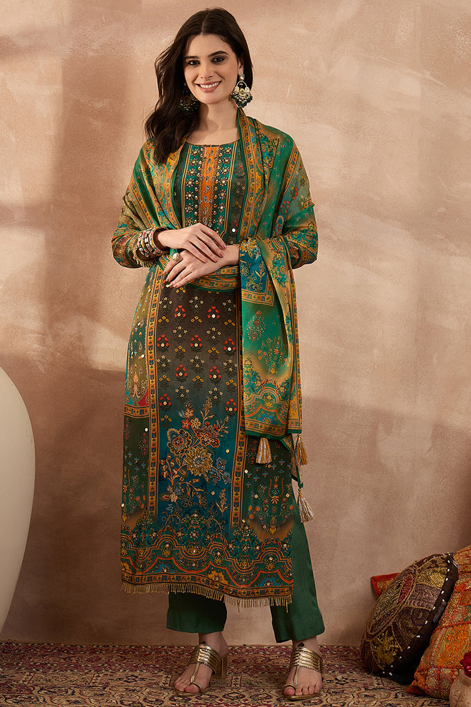 Green Viscose Rayon Solid Embroidered Straight Kurta Trousers With Dupatta PKSKD2801