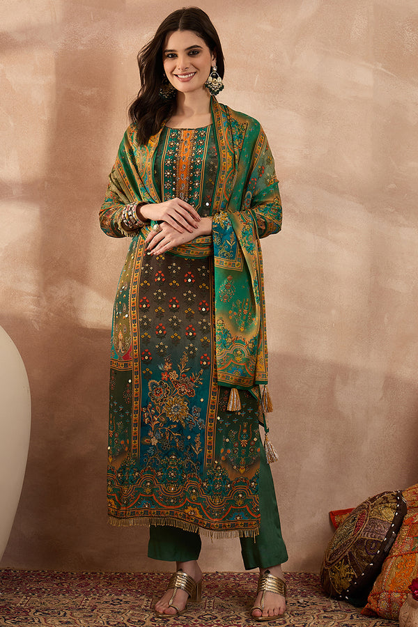Green Viscose Rayon Solid Embroidered Straight Kurta Trousers With Dupatta PKSKD2801