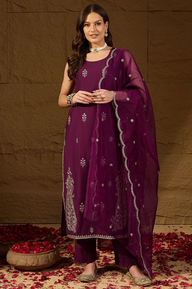Purple Silk Blend Embroidered Straight Kurta Trouser with Dupatta HPKSKD2814