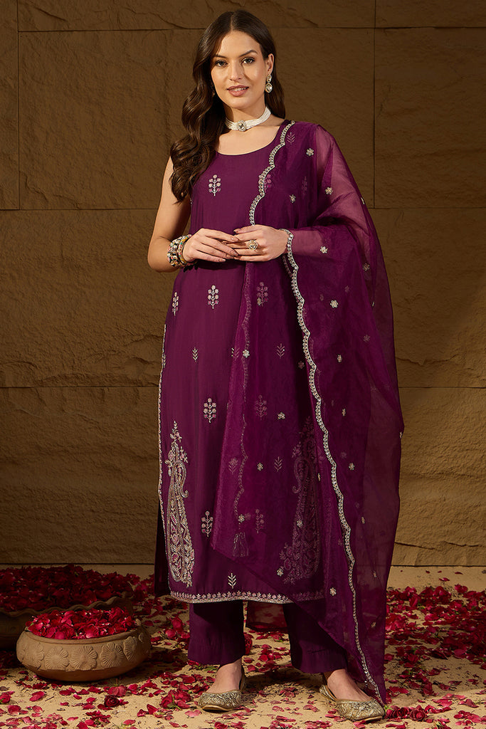 Purple Silk Blend Embroidered Straight Kurta Trouser with Dupatta HPKSKD2814