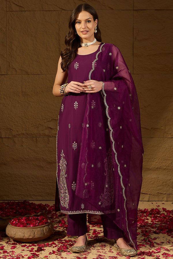 Purple Silk Blend Embroidered Straight Kurta Trouser with Dupatta HPKSKD2814