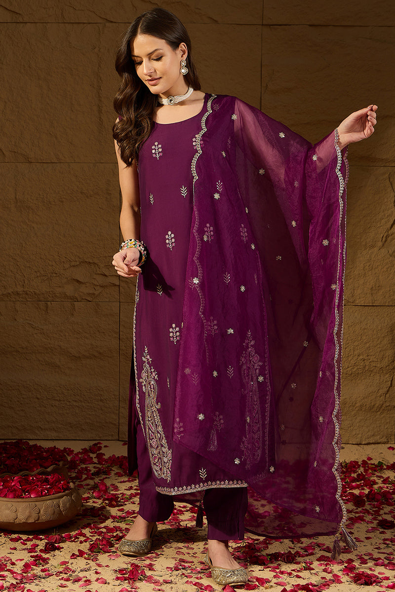 Purple Silk Blend Embroidered Straight Kurta Trouser with Dupatta HPKSKD2814
