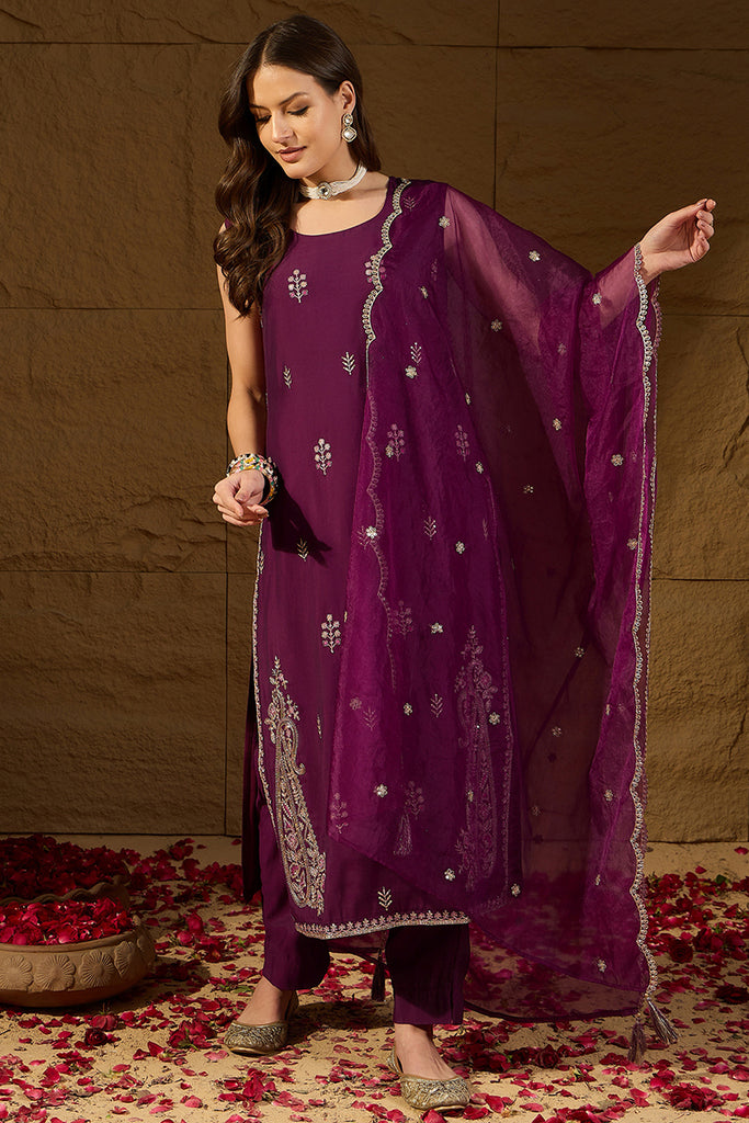 Purple Silk Blend Embroidered Straight Kurta Trouser with Dupatta HPKSKD2814