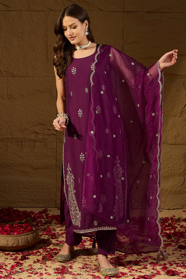 Purple Silk Blend Embroidered Straight Kurta Trouser with Dupatta HPKSKD2814