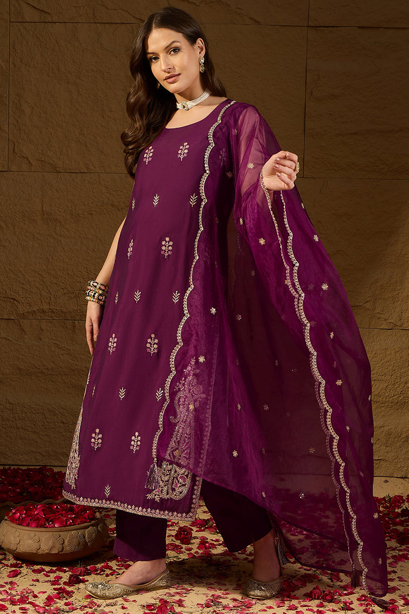Purple Silk Blend Embroidered Straight Kurta Trouser with Dupatta HPKSKD2814