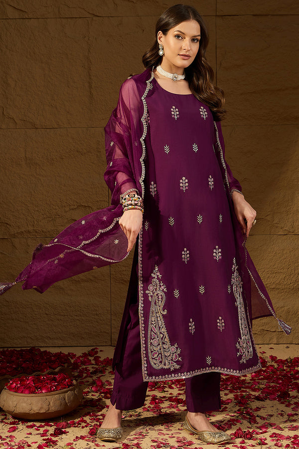 Purple Silk Blend Embroidered Straight Kurta Trouser with Dupatta HPKSKD2814