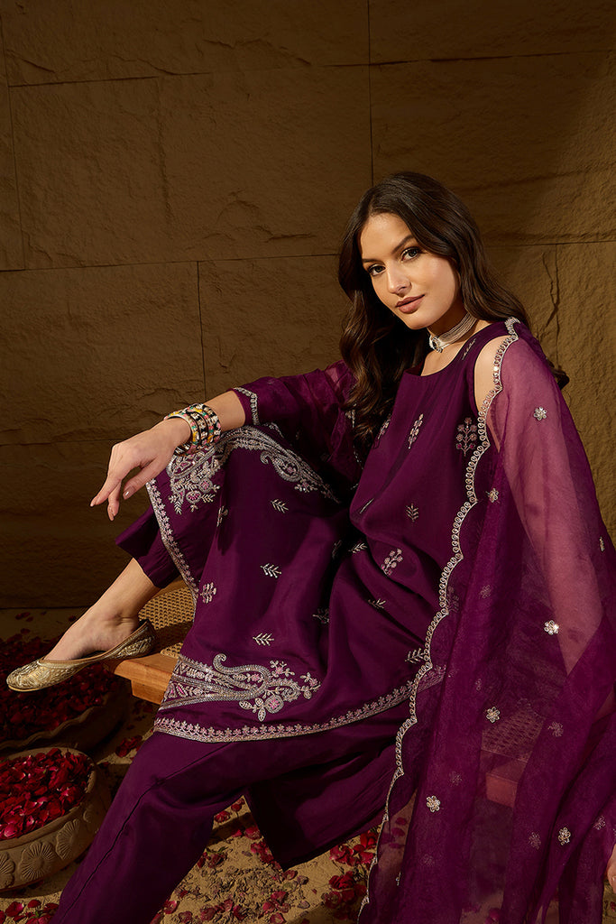 Purple Silk Blend Embroidered Straight Kurta Trouser with Dupatta HPKSKD2814
